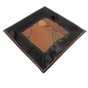 Artisan made signed brown glaze pottery stoneware square dish platter organic